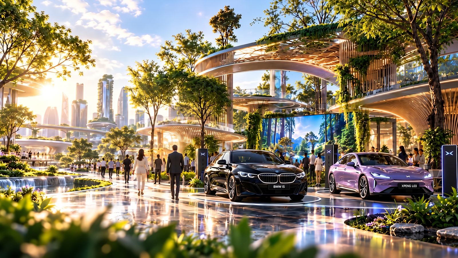 ภาพจำลองแนวคิด Pavilion แห่งอนาคต พร้อมรถยนต์ BMW i5 และ XPENG L03