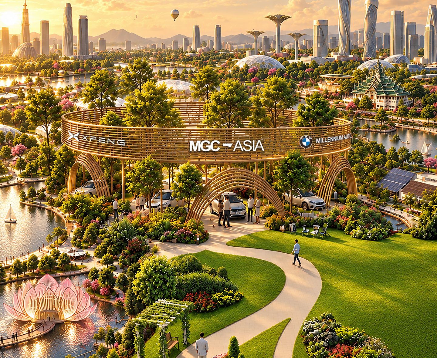 ภาพจำลองแนวคิด MGC-ASIA Green City Pavilion ท่ามกลางสวน ทะเลสาบ และเมืองแห่งอนาคต พร้อมรถยนต์ไฟฟ้าและผู้เข้าชม