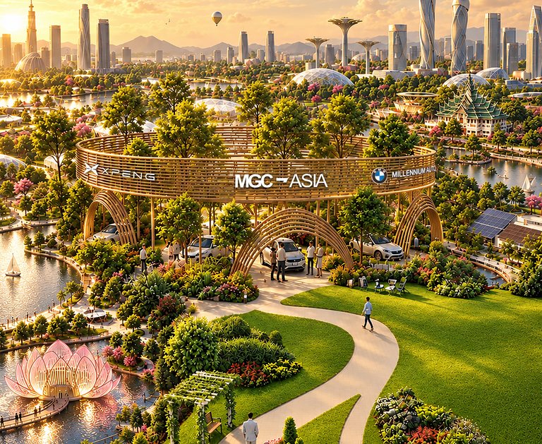 ภาพจำลองแนวคิด MGC-ASIA Green City Pavilion ท่ามกลางสวน ทะเลสาบ และเมืองแห่งอนาคต